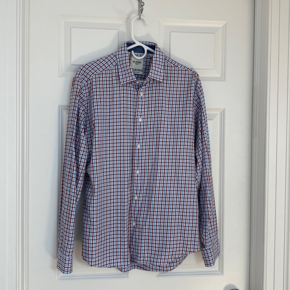 Ben Sherman Tailored Skinny Fit Light Blue Plaid Long Sleeve Button Down, Size L
